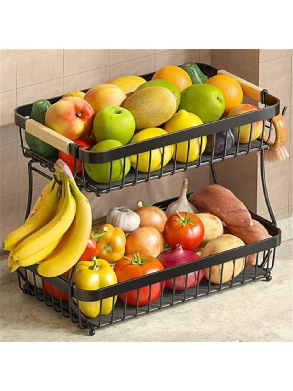 2-Tier Fruit Basket with Banana Hangers, Detachable Metal Bowl
